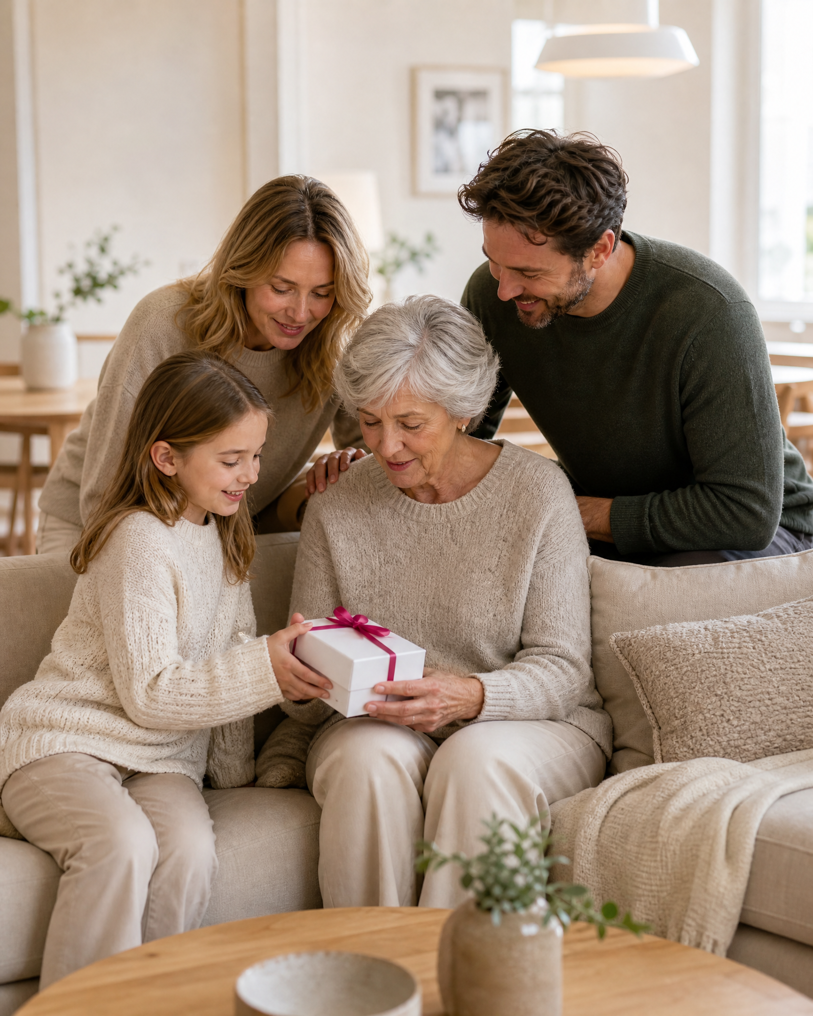 Eine Familie überreicht ein persönliches Geschenk