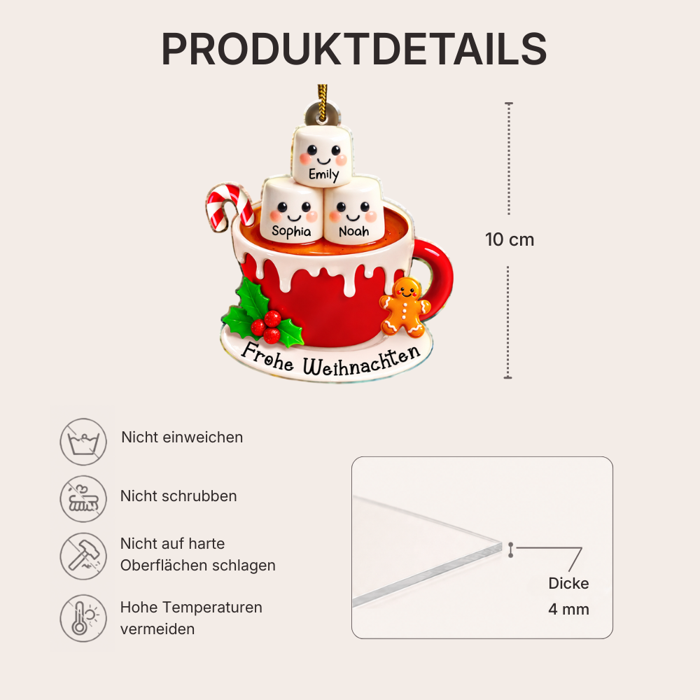 Personalisierter Acryl-Weihnachtsanhänger mit Namen & Text – Marshmallow-Motiv für die Familie