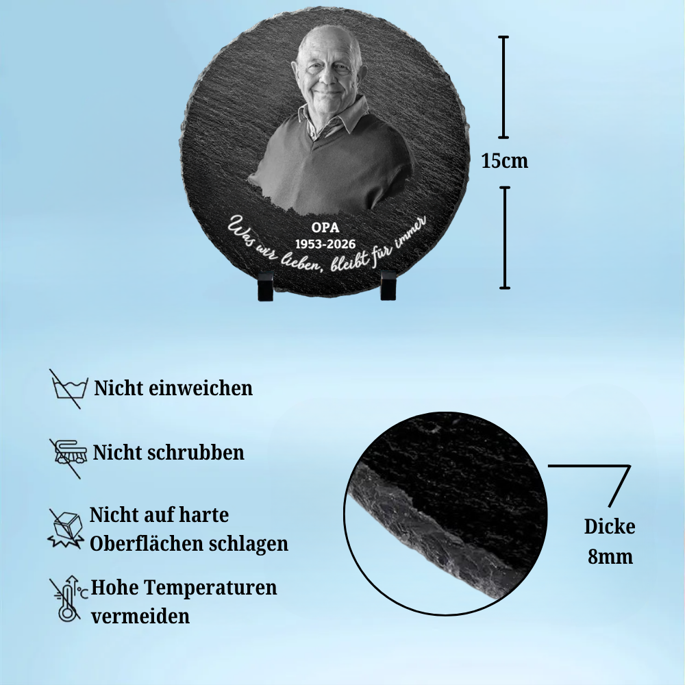Personalisierte Schieferplatte mit Foto, Jahr und Text Trauergeschenk