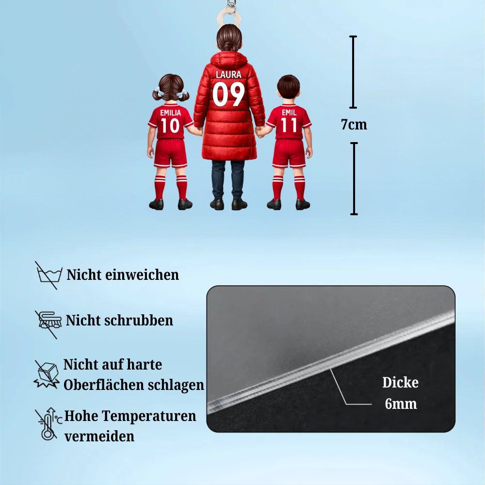 Fußballmama und Kinder- Acrylschlüsselanhänger mit Trikots und Namen