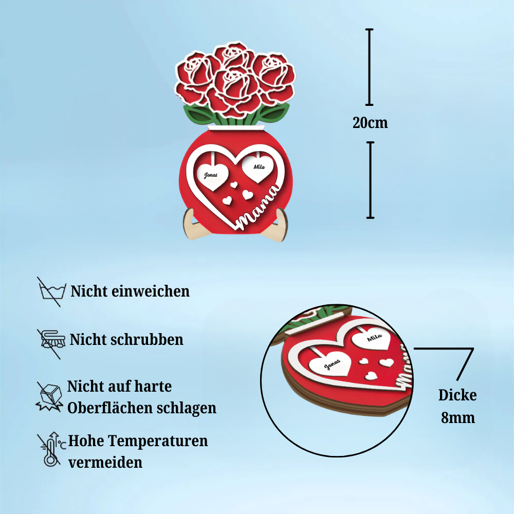 Rosenstrauß in Vase Personalisierter 2-Schicht-Holzaufsteller für Mama und Oma