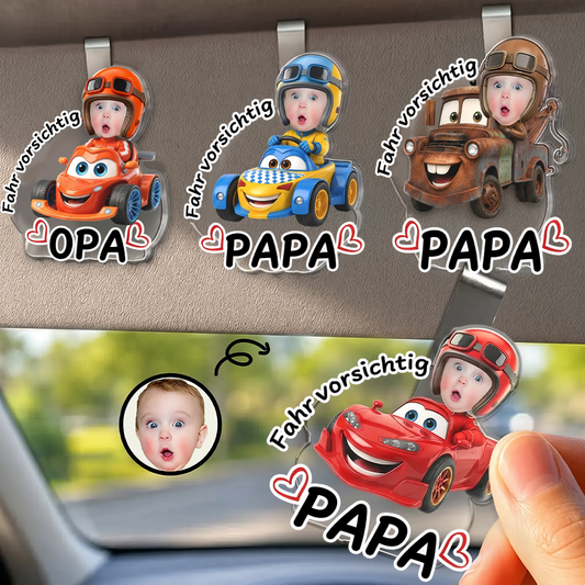 Kind und Niedliche Rennwagen-Sonnenblendenclip mit Foto "Fahr Vorsichtig, Papa"