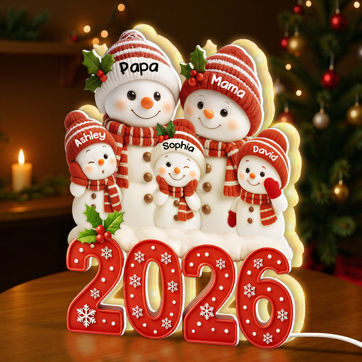 Personalisierte LED-Lichtbox für die Familie – Weihnachtsmotiv 2026 mit Namen
