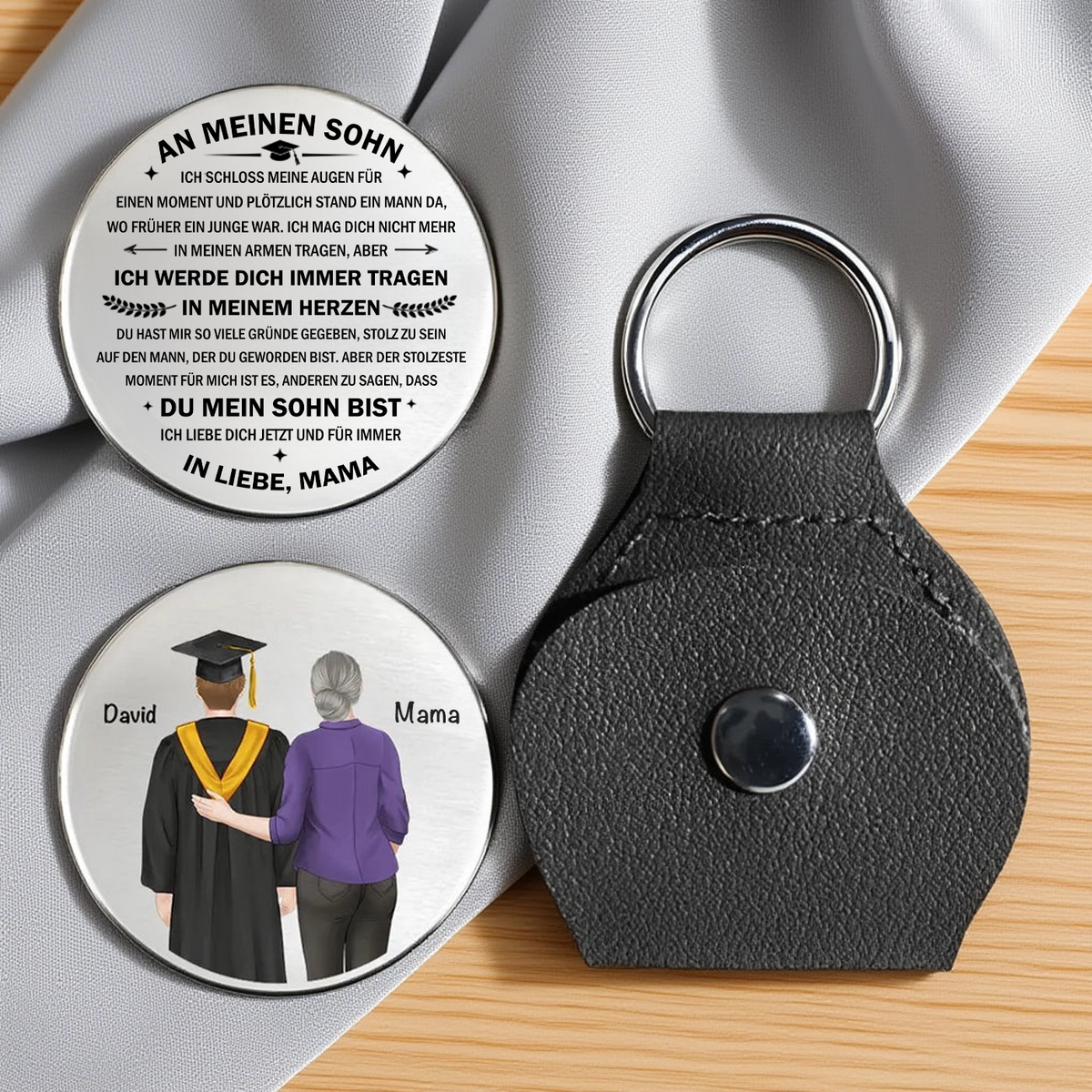 "An meinen Sohn" Taschenumarmung mit Spruch und Figuren Geschenk zum Abschluss