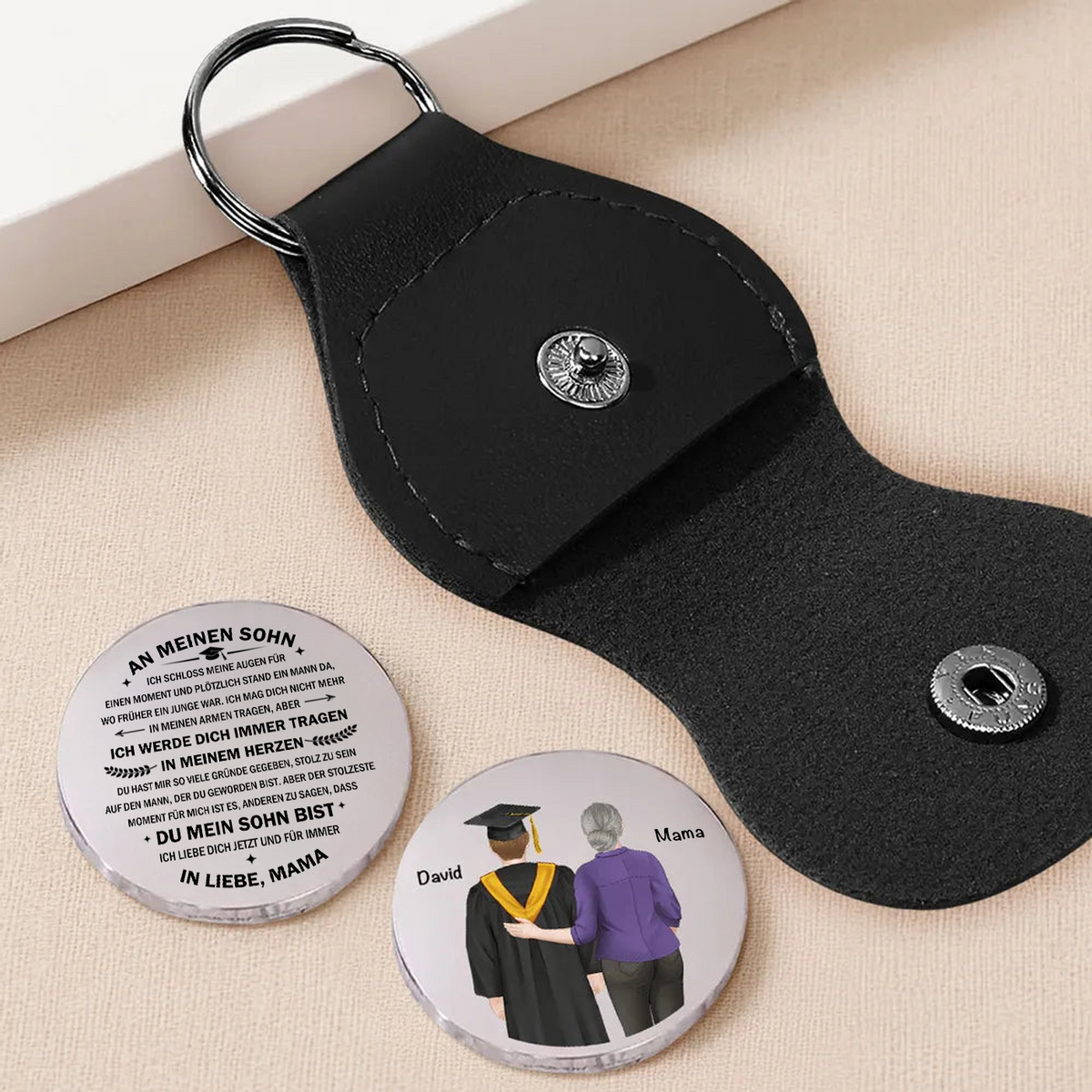 "An meinen Sohn" Taschenumarmung mit Spruch und Figuren Geschenk zum Abschluss