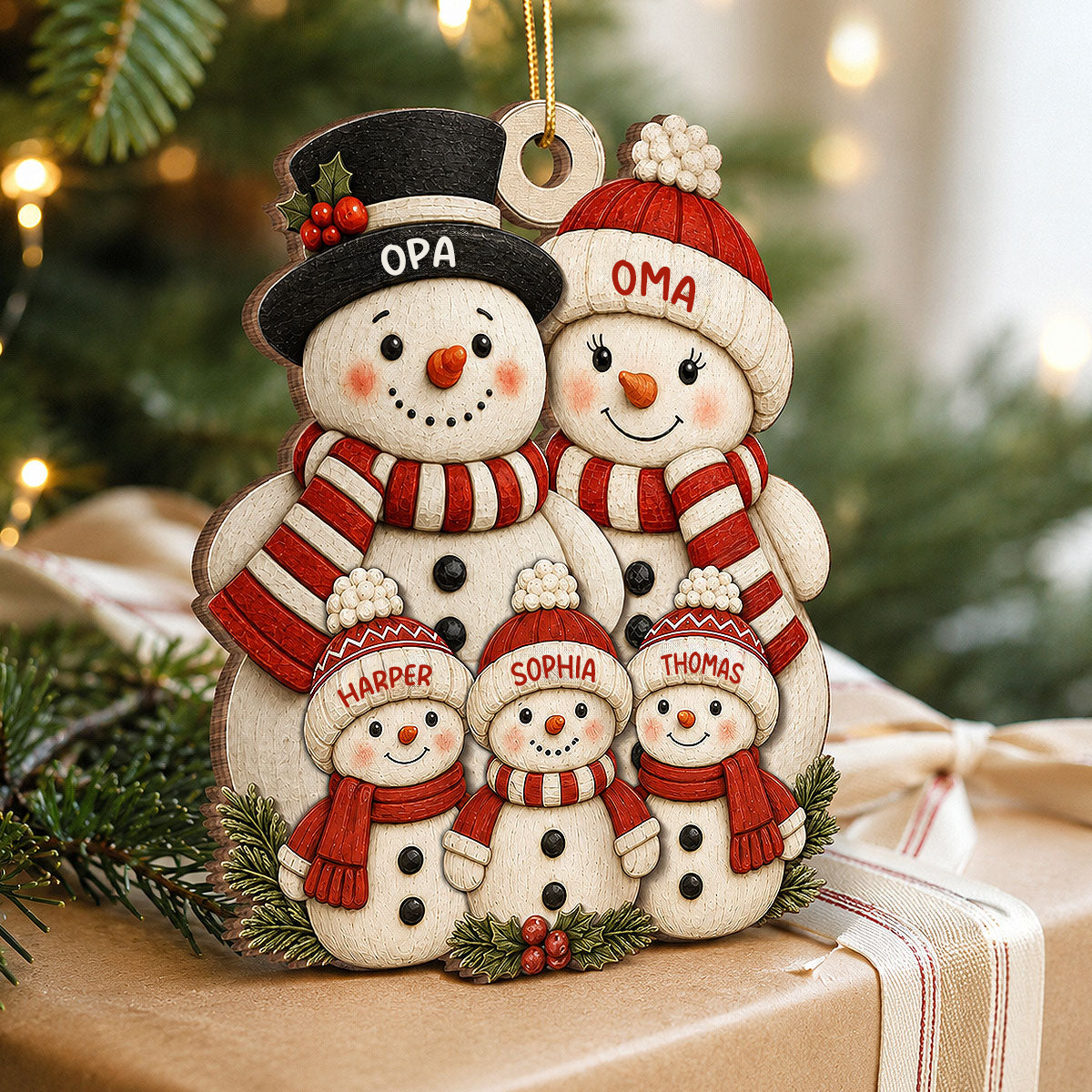 Personalisierter Holz-Weihnachtsanhänger mit Namen – Schneemannfamilie