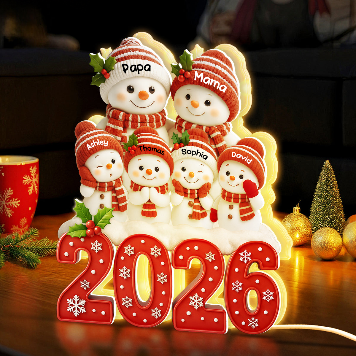 Personalisierte LED-Lichtbox für die Familie – Weihnachtsmotiv 2026 mit Namen