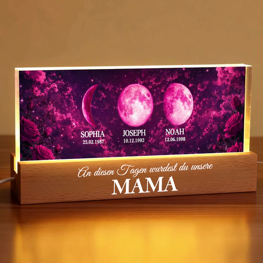 "An diesen Tagen wurdest du unsere Mama" Personalisiertes LED-Nachtlicht mit Mondphasen und Text