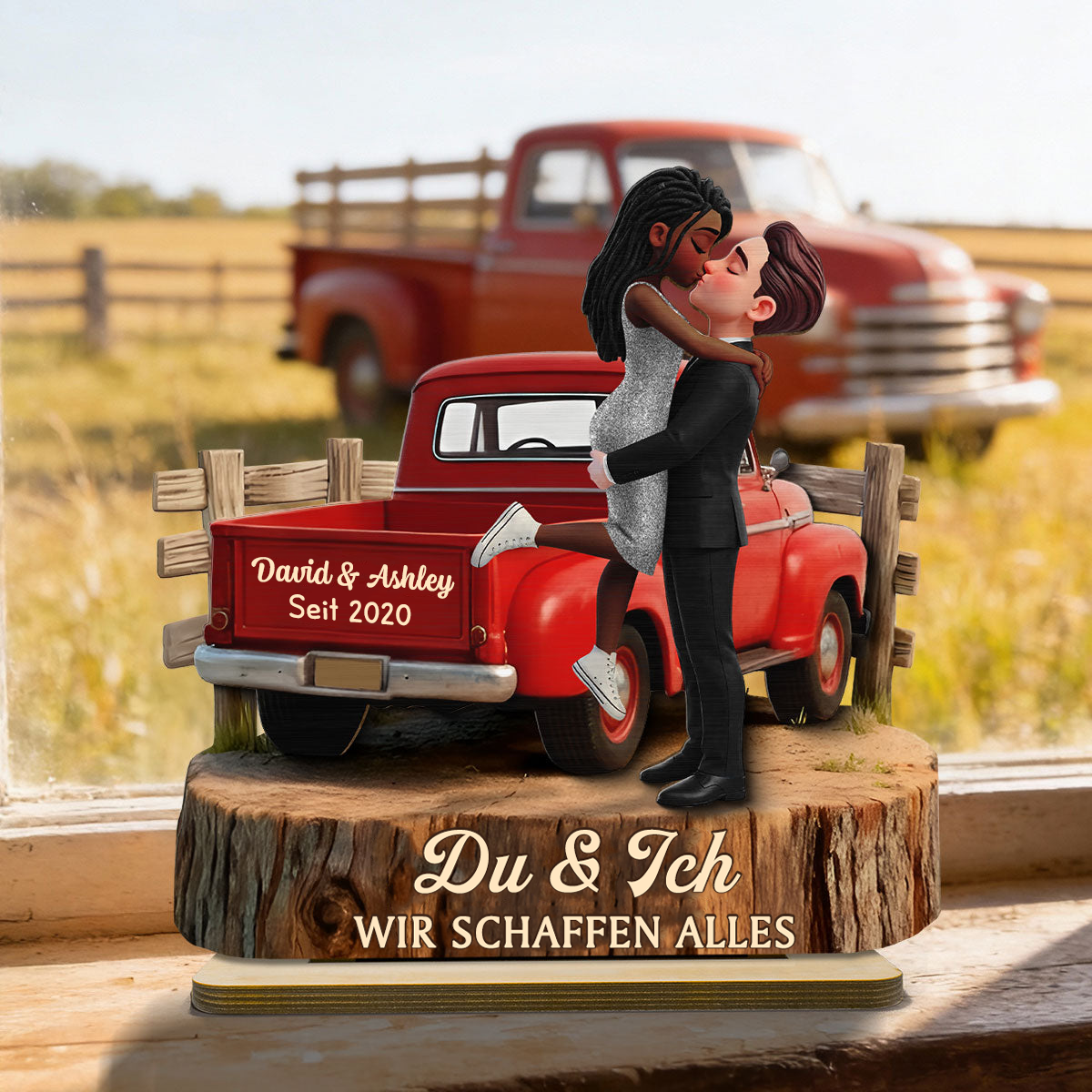 Pick-up-LKW und Paar Personalisierter Holzaufsteller mit Spruch
