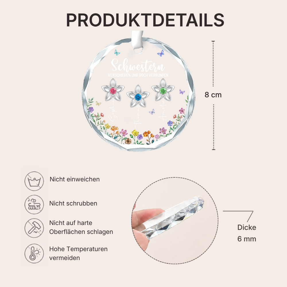 Personalisierter Glas-Weihnachtsanhänger mit Blumen – für Schwester, Freunde, Oma & Mama