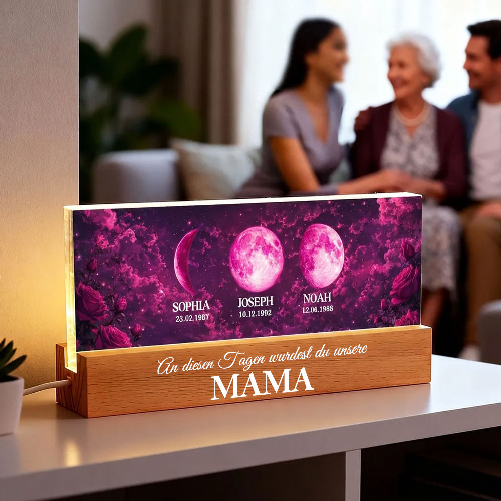 "An diesen Tagen wurdest du unsere Mama" Personalisiertes LED-Nachtlicht mit Mondphasen und Text