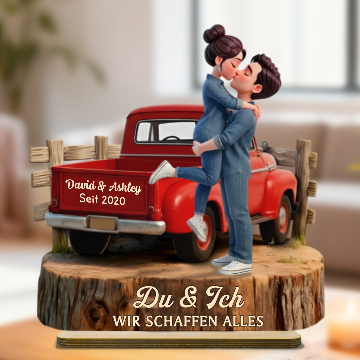 Pick-up-LKW und Paar Personalisierter Holzaufsteller mit Spruch