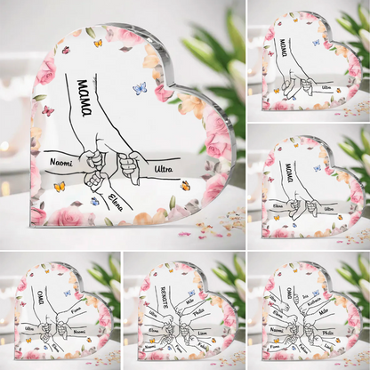 Blumen und Schmetterling Acrylherz mit Händen für Mutter und Großmutter