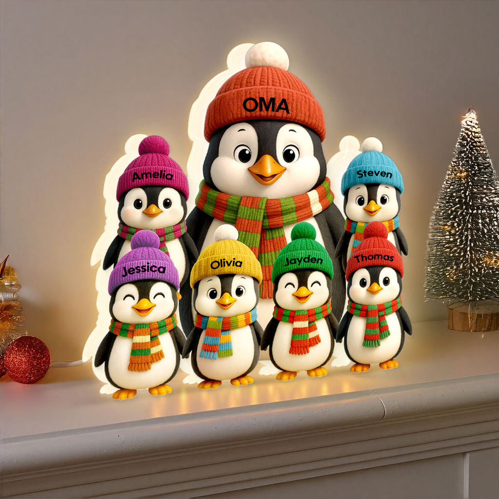 Personalisierte LED-Lichtbox für Oma – Pinguin-Motiv mit Namen