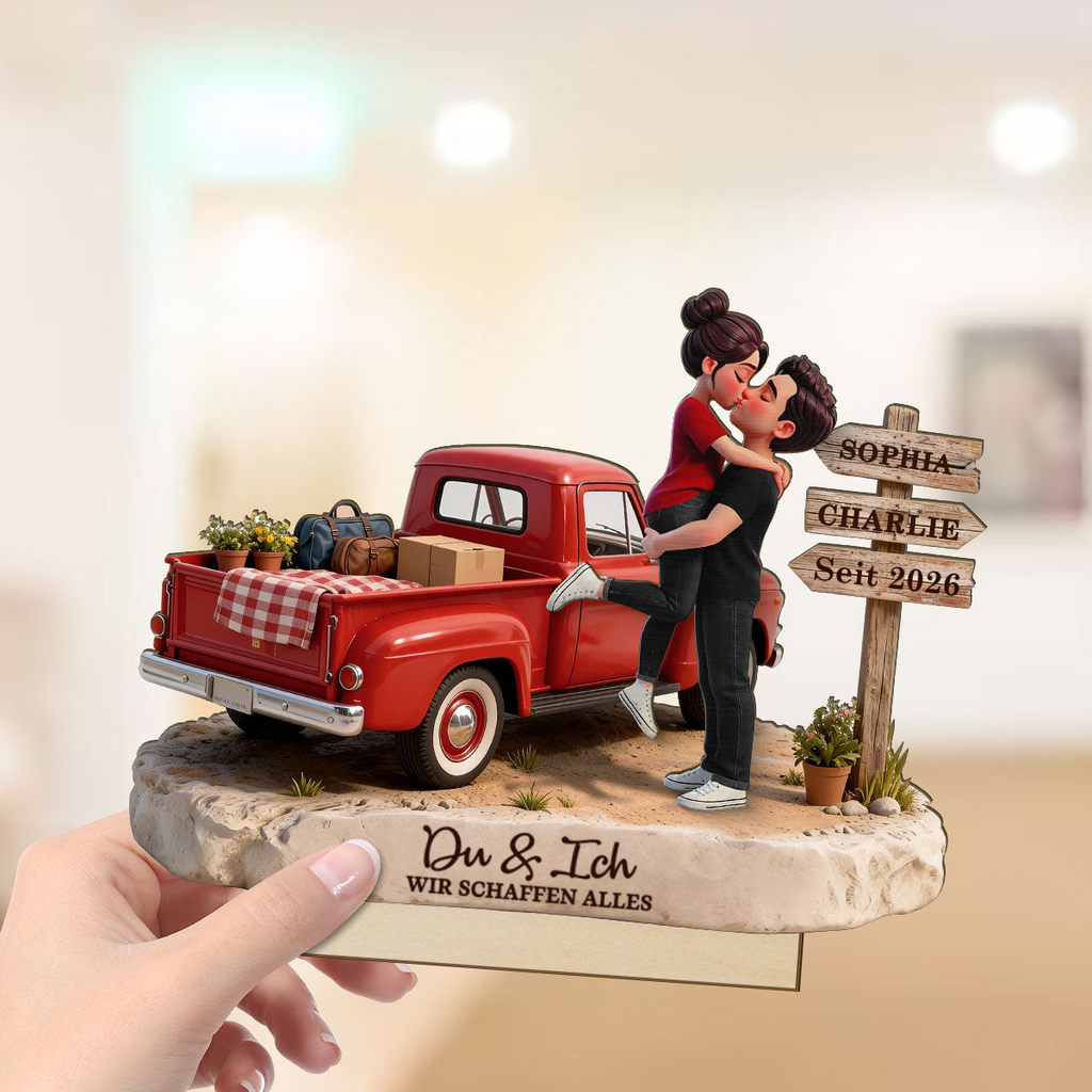 Paar und Wagen - Personalisierter Holzaufsteller mit Figuren und Text