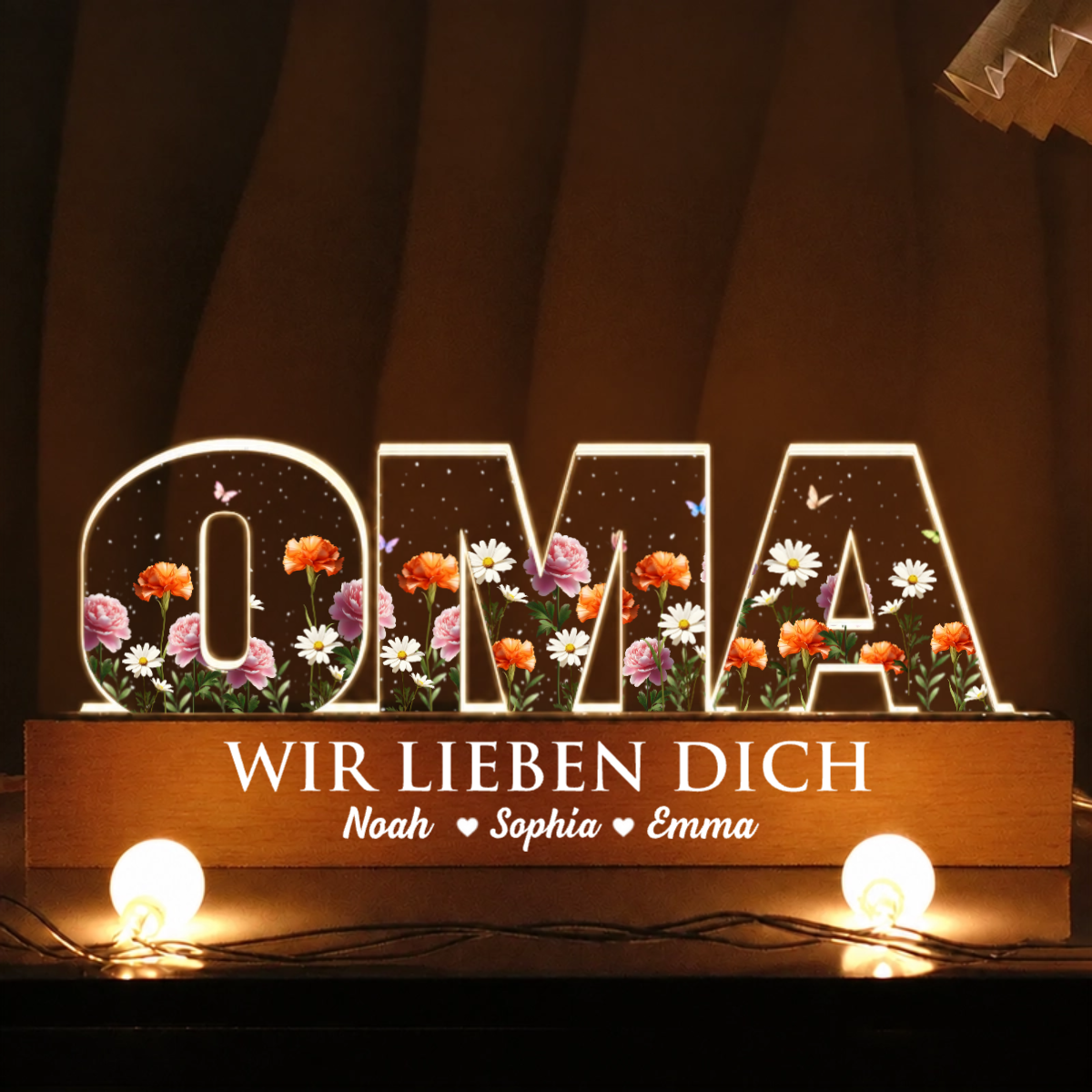 Personalisierte LED-Nachtlicht mit Geburtsblumen – für Oma und Mama