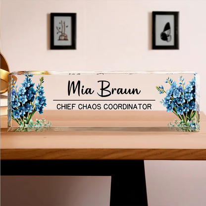Personalisierter Acrylblock mit Geburtsblumenstrauß und Name, Büro-Geschenk für Kolleginnen & Kollegen