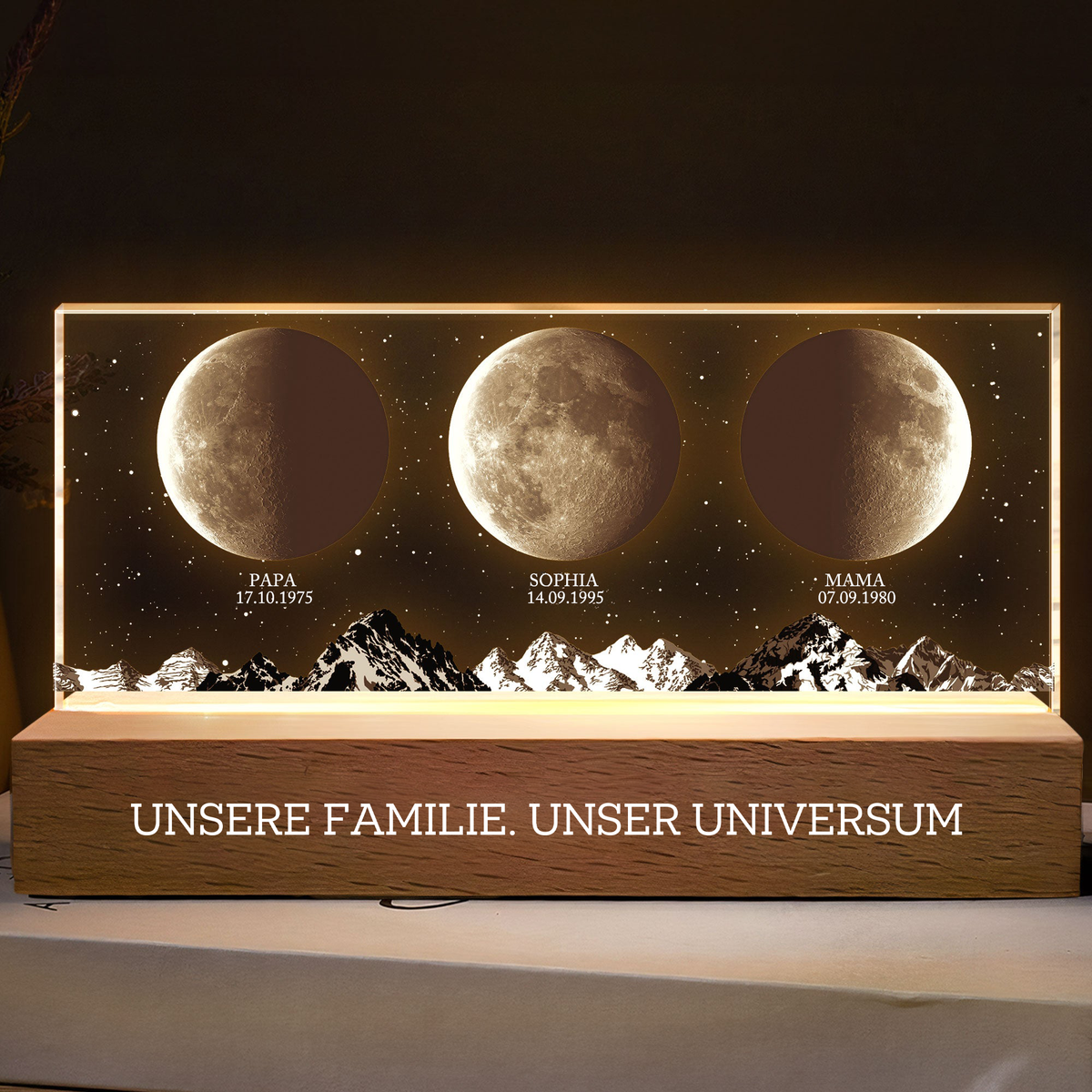 Personalisierte LED-Nachtlicht mit Mondphasen und Text Geschenk für Papa und Mama