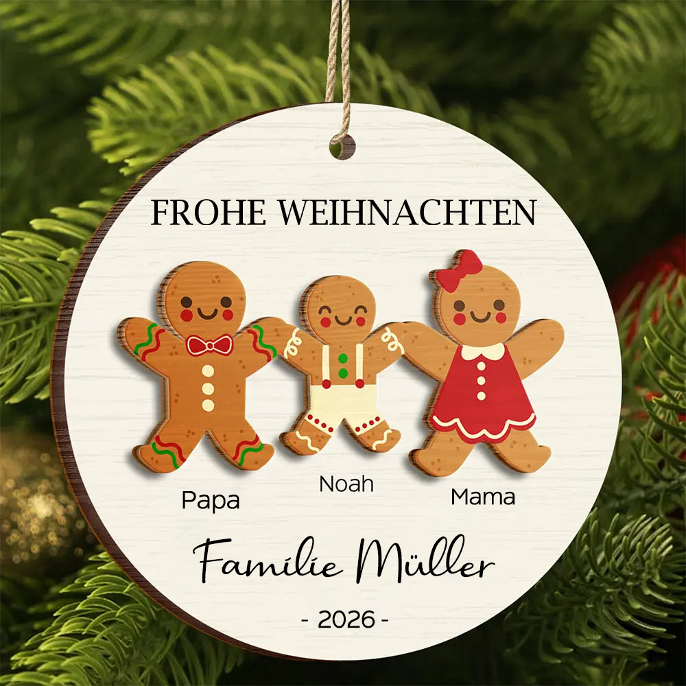 Personalisierter 2-lagiger Holz-Weihnachtsanhänger – Lebkuchenfamilie mit Namen & Text