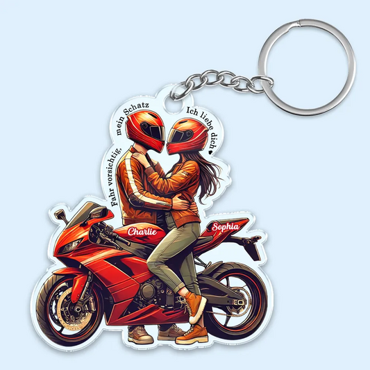 Fahr Vorsichtig - Personalisierter Acryl-Schlüsselanhänger mit Motorradpaar