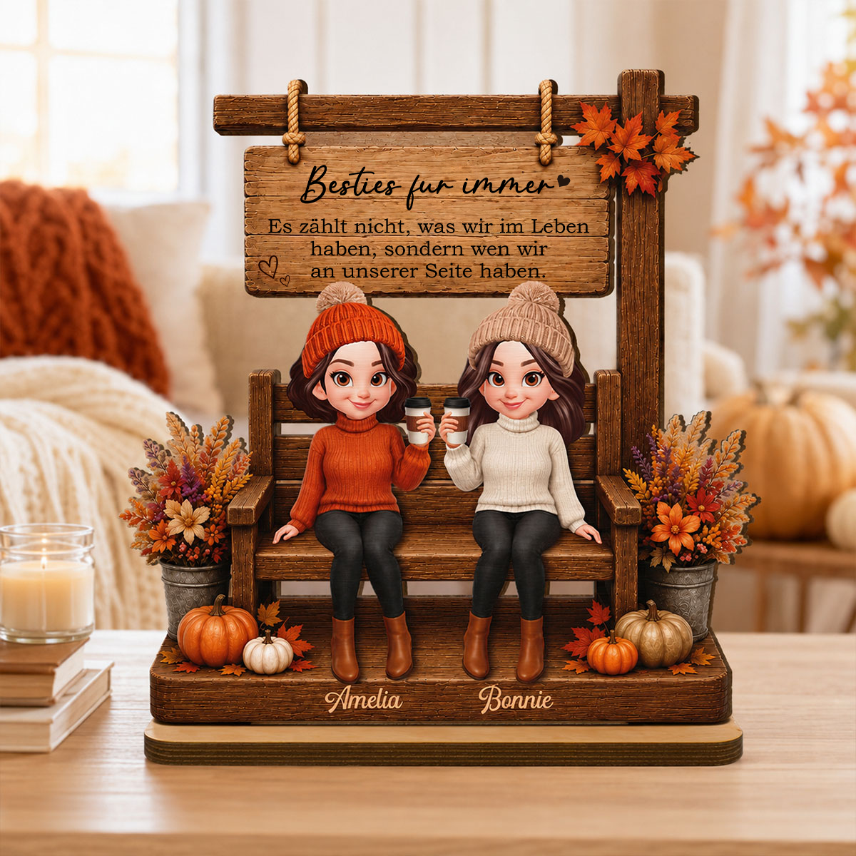 Personalisierter Holzaufsteller für beste Freundinnen & Schwestern – Herbstmotiv
