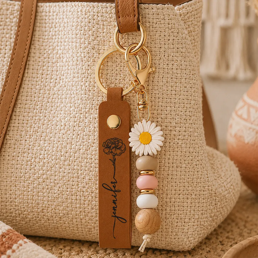 Personalisierter Leder-Schlüsselanhänger mit Geburtsblume und Namen
