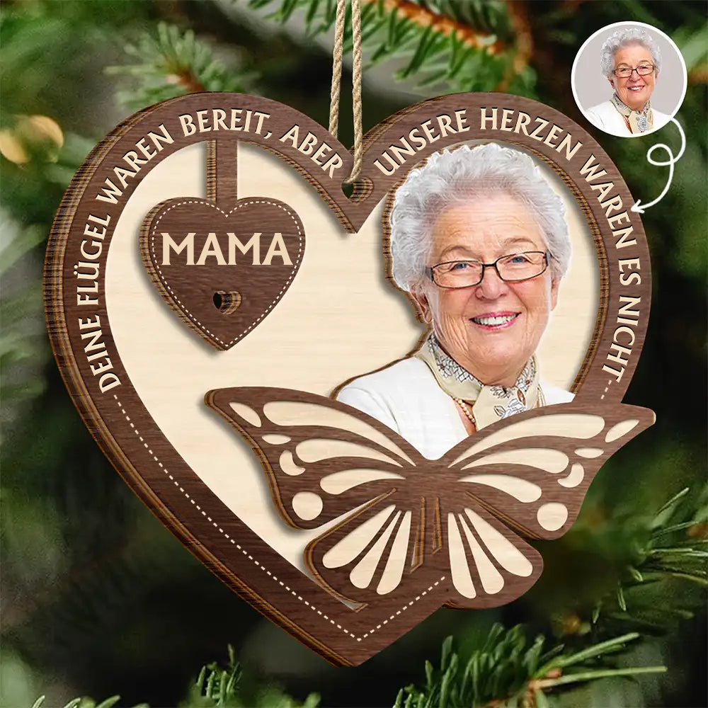 Personalisierter Holz-Weihnachtsanhänger mit Foto – Trauergeschenk mit Schmetterlingsmotiv