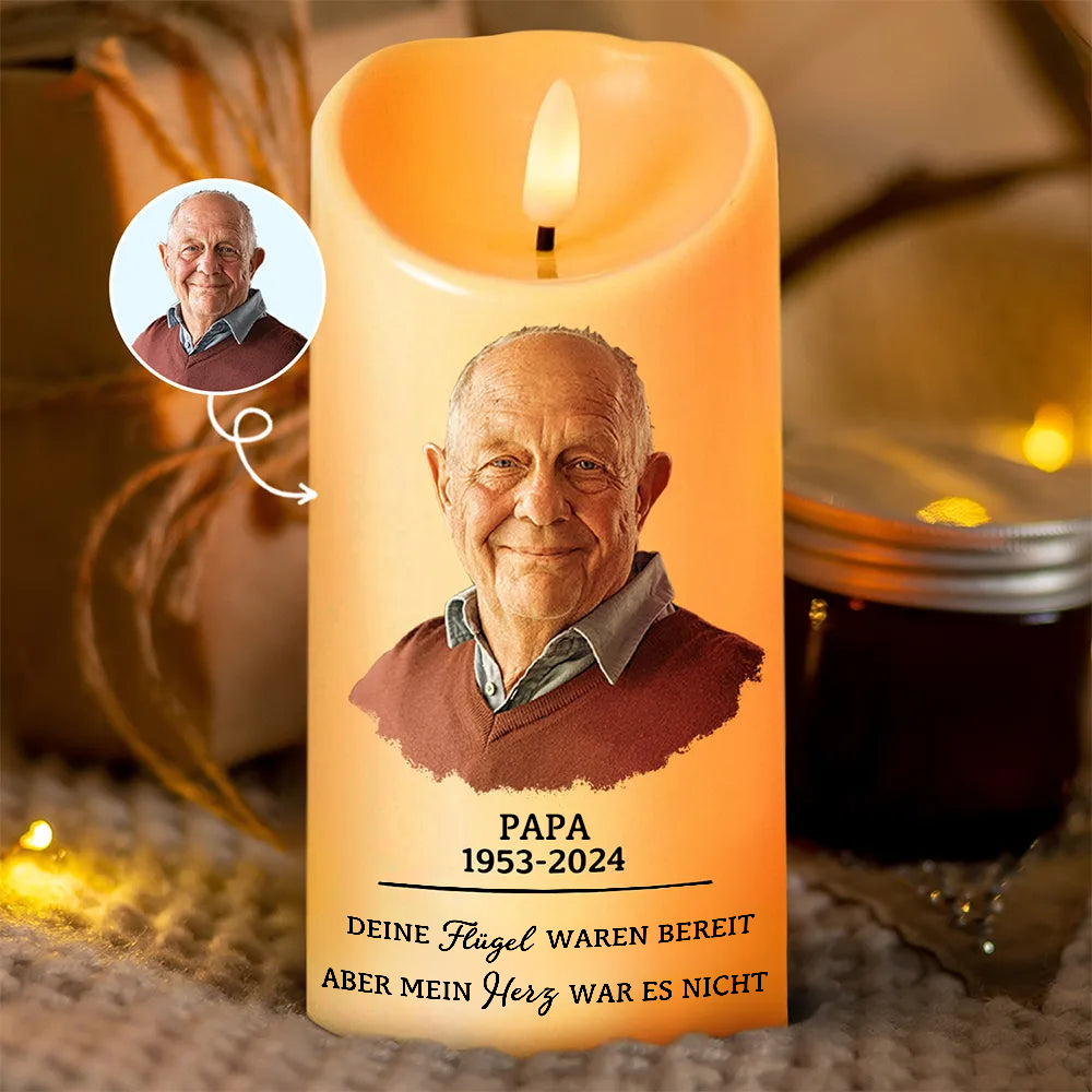 Personalisierte LED-Trauerkerze mit Foto & Spruch – beidseitig bedruckt