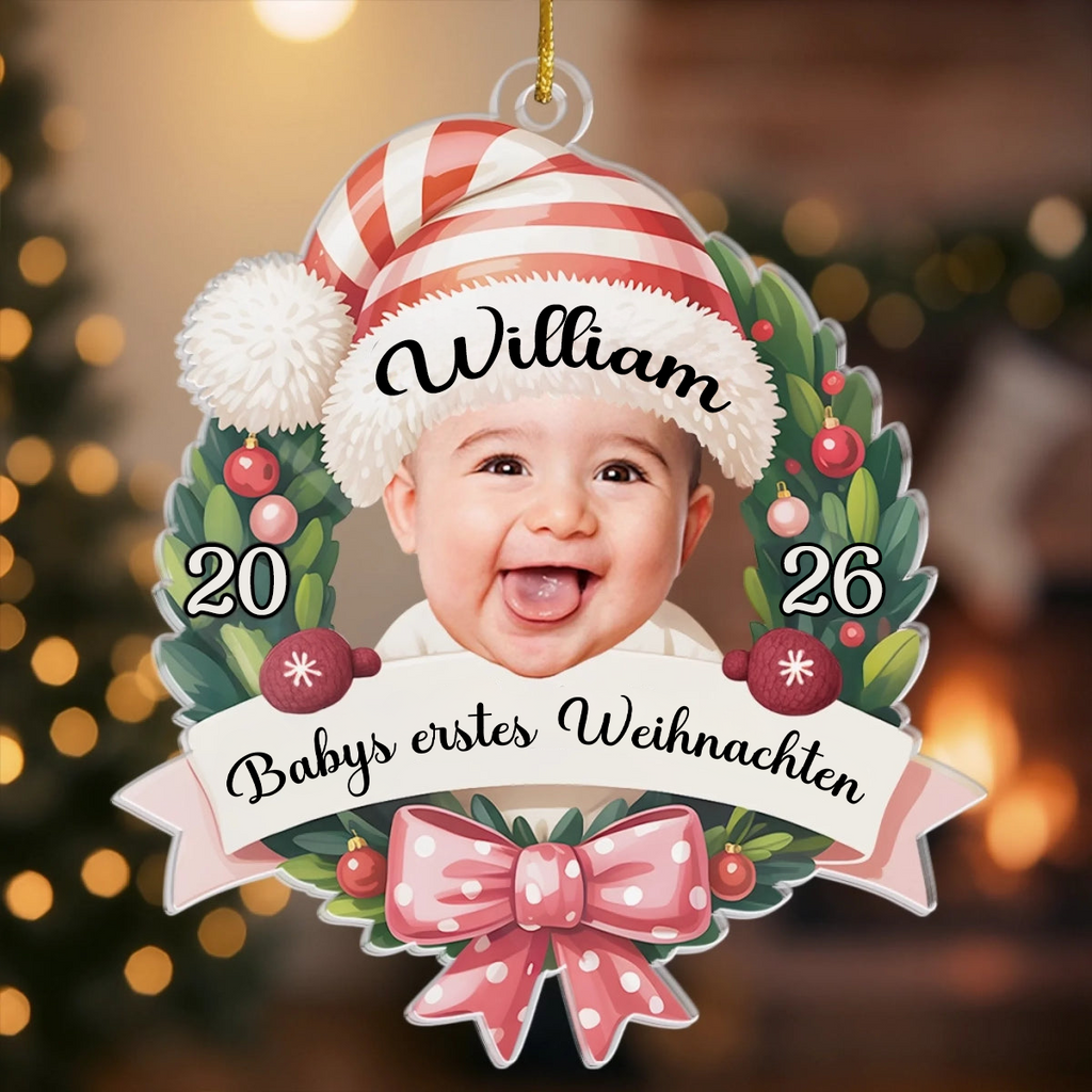 2025-Baby-Ornament mit Schleife Personalisierter Acrylanhänger mit Foto und Name Babys Erstes Weihnachten