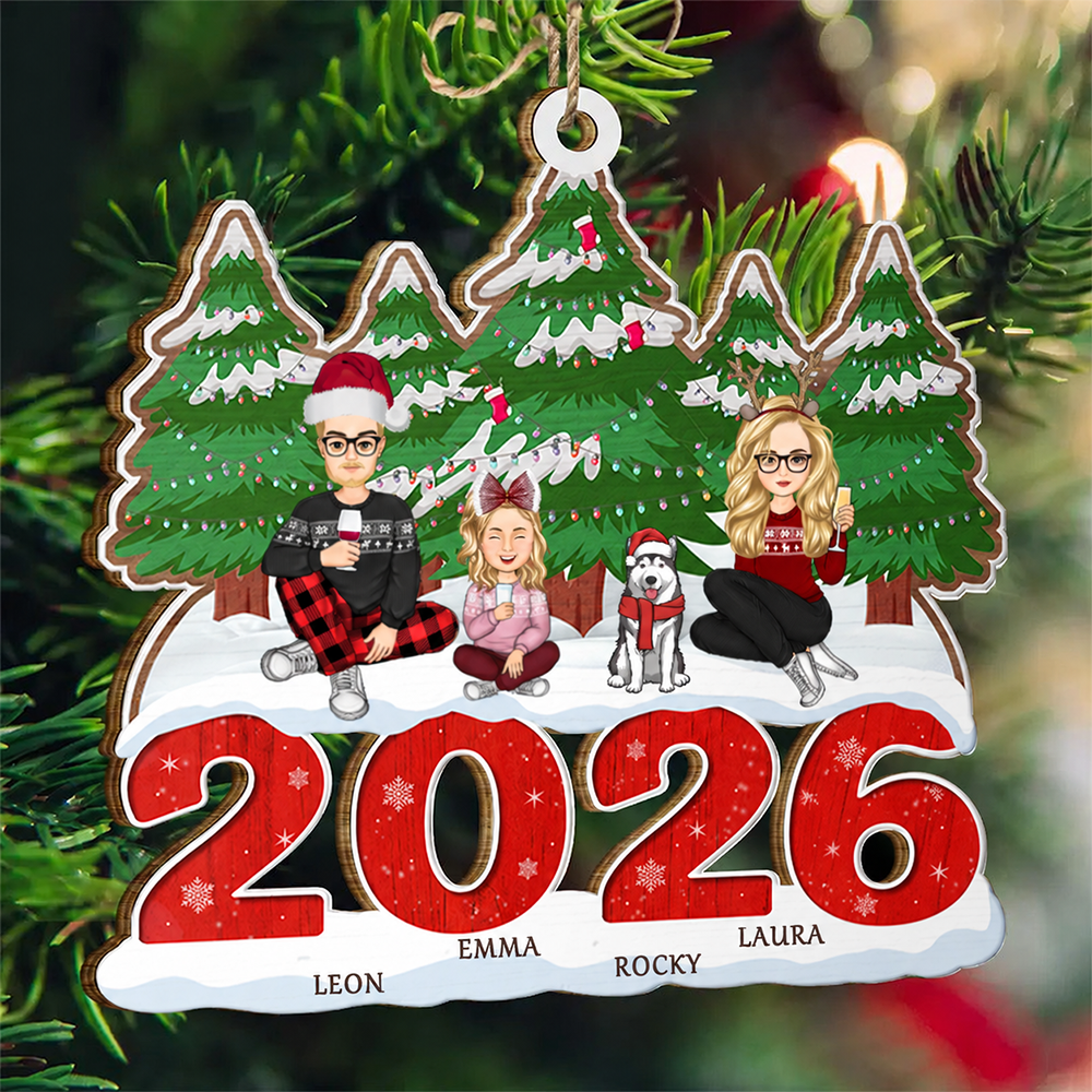 Personalisierter Holzanhänger Familie 2025 Christbaumschmuck mit Hund und Katze