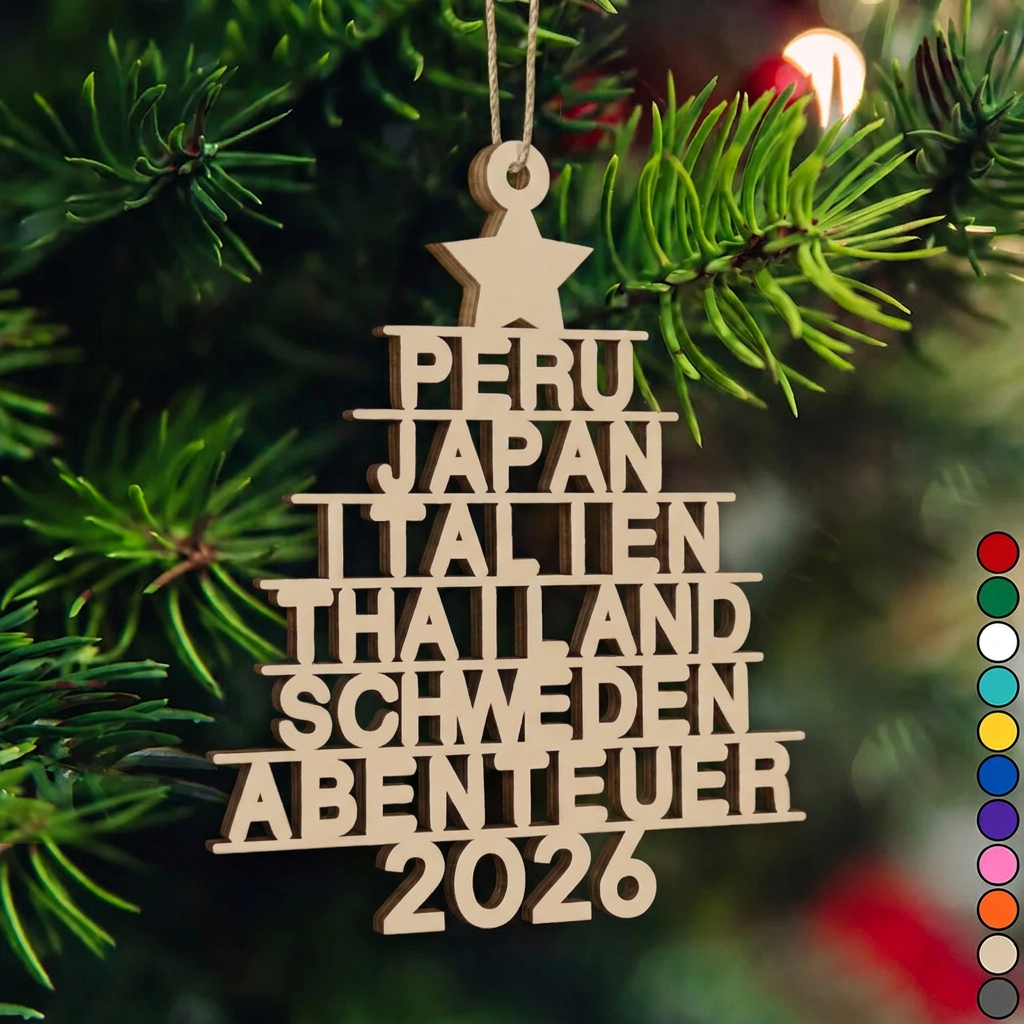 Personalisierter Holz-Weihnachtsanhänger mit individuellen Reisezielen