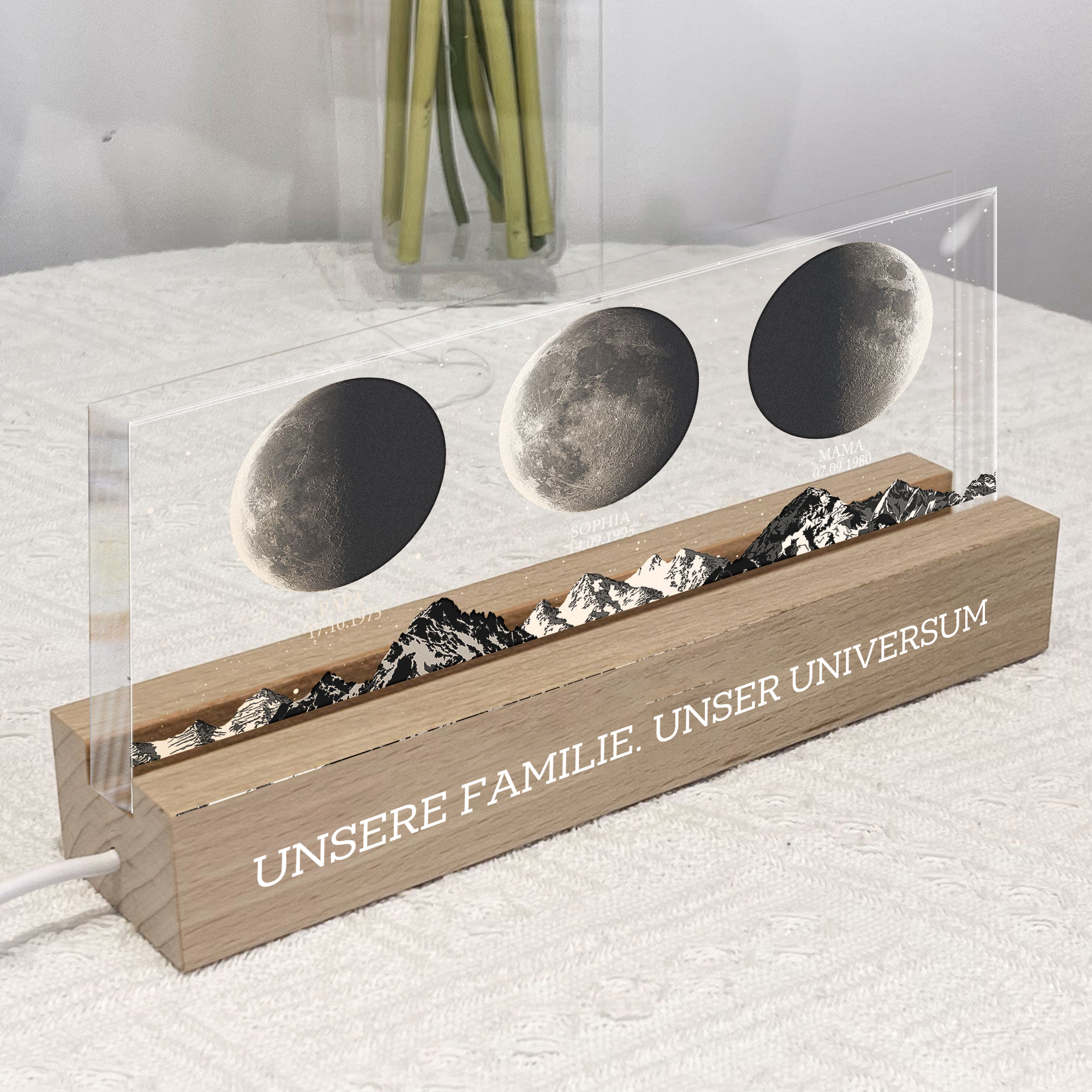 Personalisierte LED-Nachtlicht mit Mondphasen und Text Geschenk für Papa und Mama