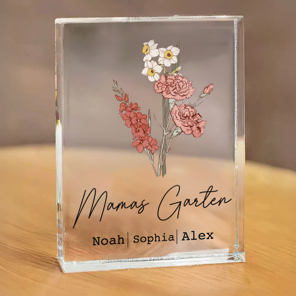 Personalisierter Acrylblock mit Geburtsblumenstrauß, Text und Namen Geschenk für Mama und Oma