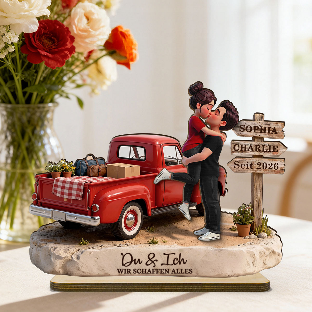 Paar und Wagen - Personalisierter Holzaufsteller mit Figuren und Text