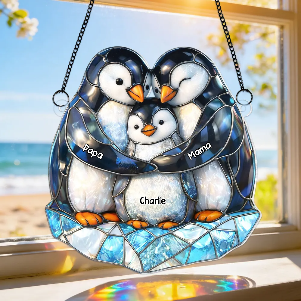 Pinguinfamilie - Sonnenfänger Ornament mit Namen Geschenk für Papa und Mama