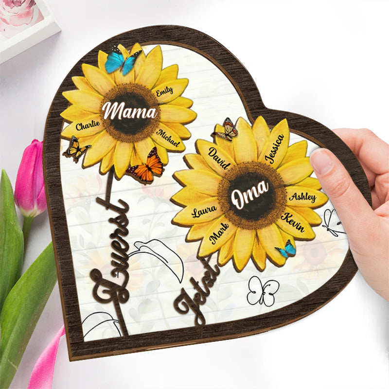 Zuerst...Jetzt... Personalisierter Holzaufsteller mit Sonnenblumen Geschenk für Mama und Oma