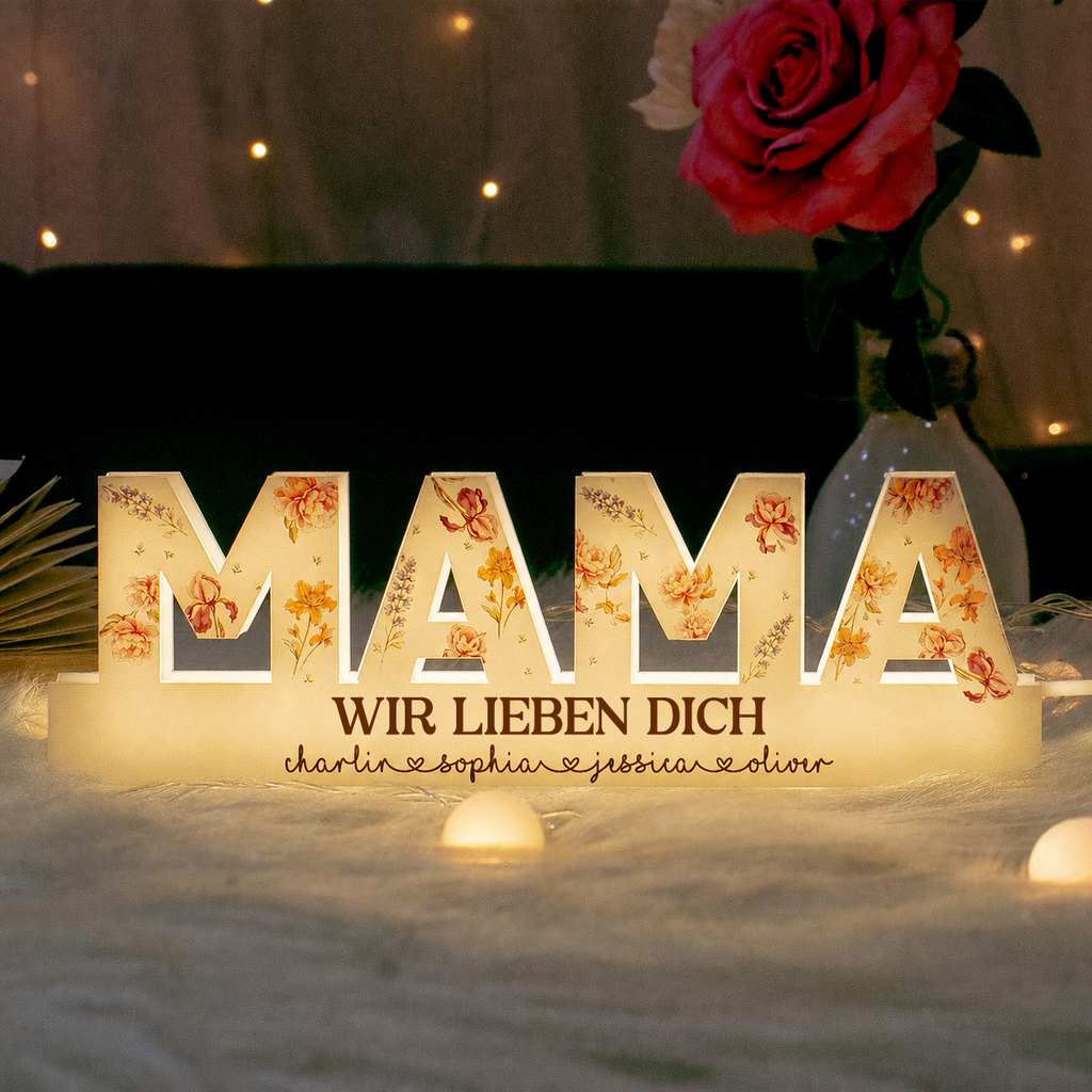 Personalisierte LED-Lichtbox für Mama oder Oma – Geburtsblumen