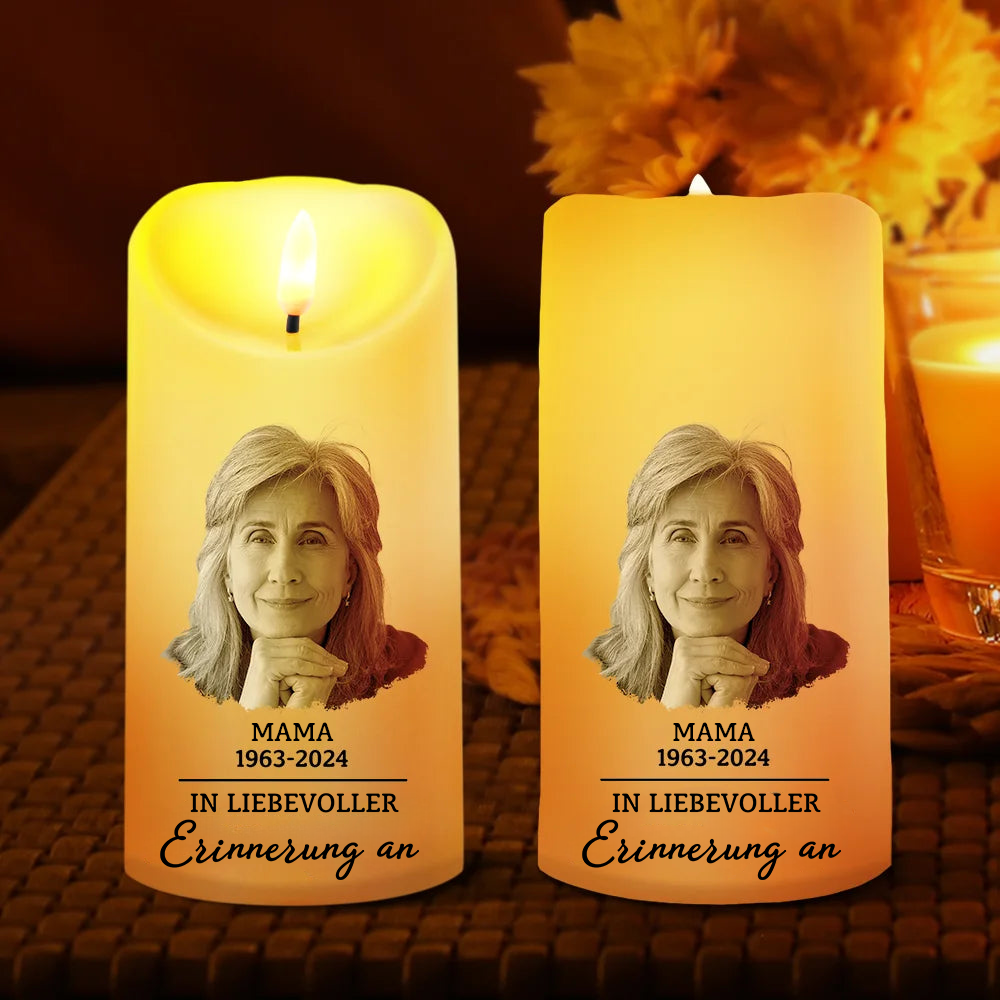 Personalisierte LED-Trauerkerze mit Foto & Spruch – beidseitig bedruckt
