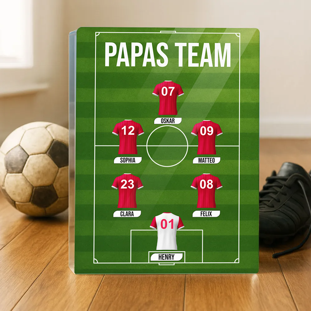 Papas Fußball Team-Acrylblock mit Trikots und Text Geschenk für Papa und Fußballfans
