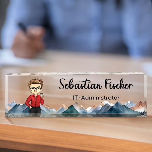 Personalisierter Acrylblock mit Figur, Namensschild für den Schreibtisch Büro-Geschenk für Kolleginnen & Kollegen
