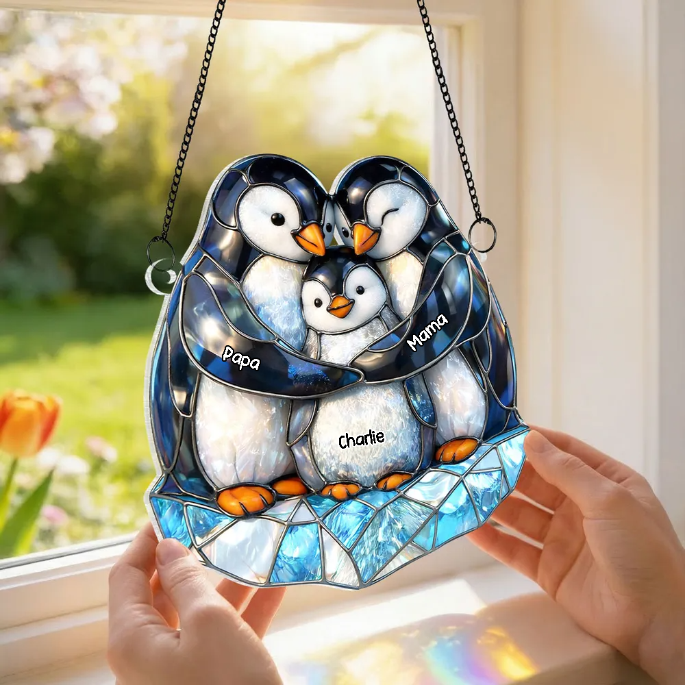 Pinguinfamilie - Sonnenfänger Ornament mit Namen Geschenk für Papa und Mama
