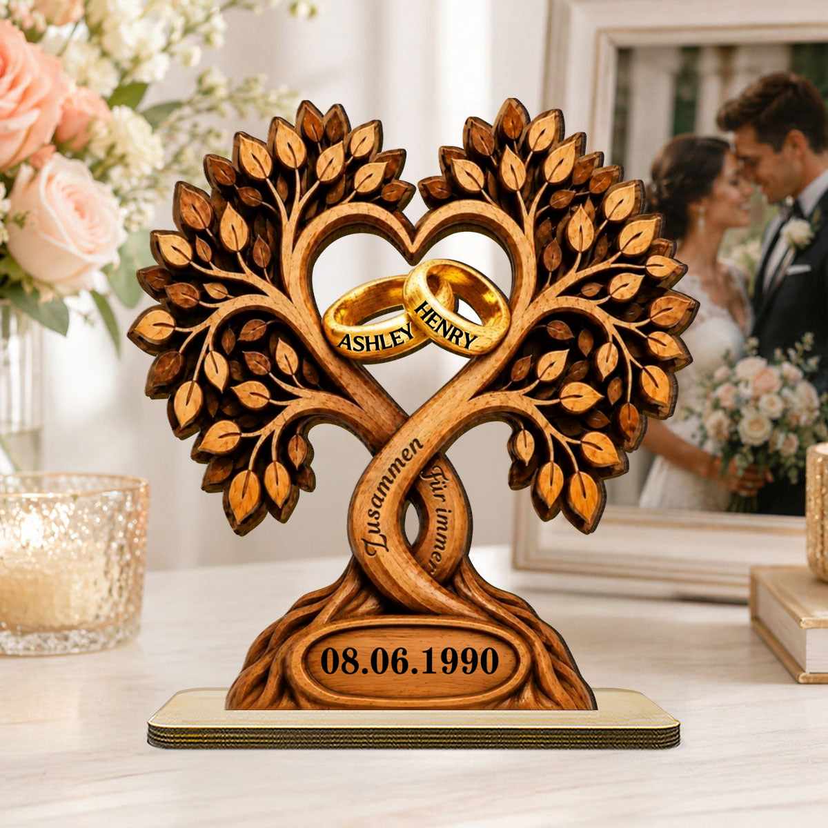Personalisierter Holzaufsteller zum Jahrestag – Baum- & Ringmotiv mit Namen