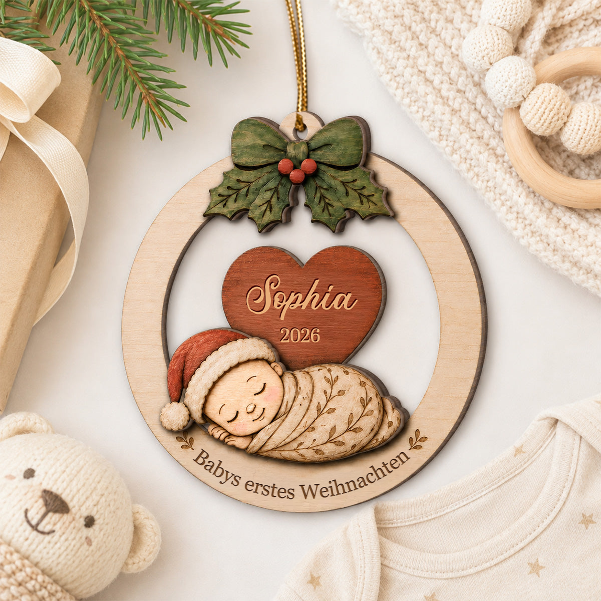 Personalisierter 2-lagiger Holz-Weihnachtsanhänger – Babys erstes Weihnachten