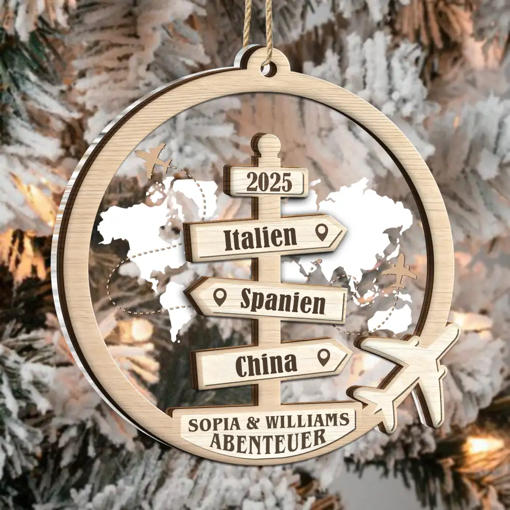 Personalisierter 2-Schicht Anhänger aus Holz & Acryl – Christbaumschmuck für Reiseliebhaber