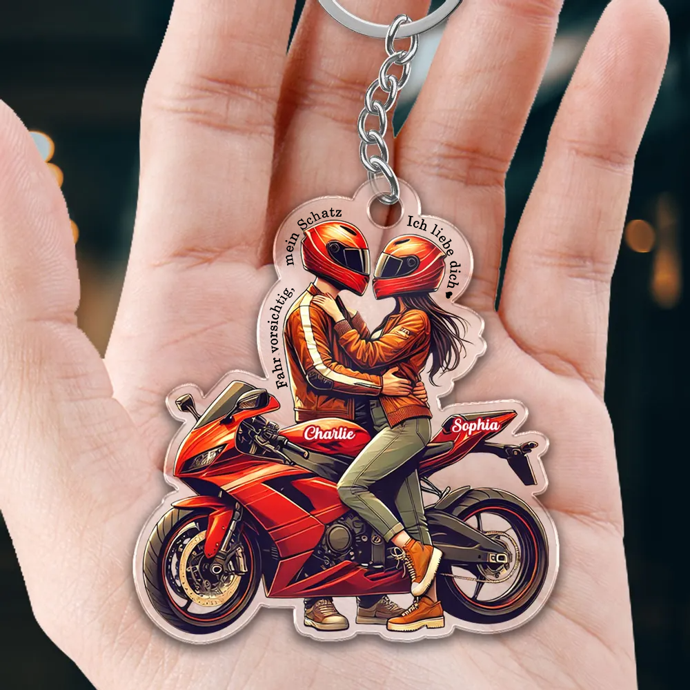 Fahr Vorsichtig - Personalisierter Acryl-Schlüsselanhänger mit Motorradpaar