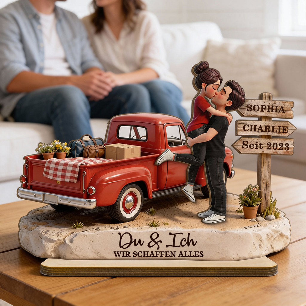 Paar und Wagen - Personalisierter Holzaufsteller mit Figuren und Text