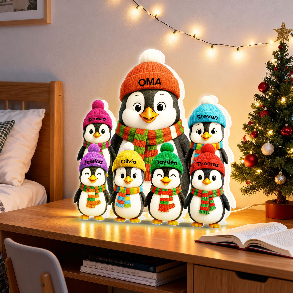 Personalisierte LED-Lichtbox für Oma – Pinguin-Motiv mit Namen
