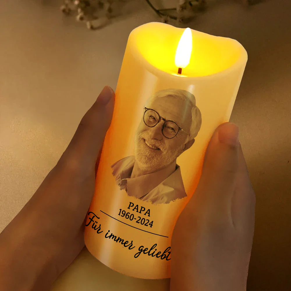 Personalisierte LED-Trauerkerze mit Foto & Spruch – beidseitig bedruckt