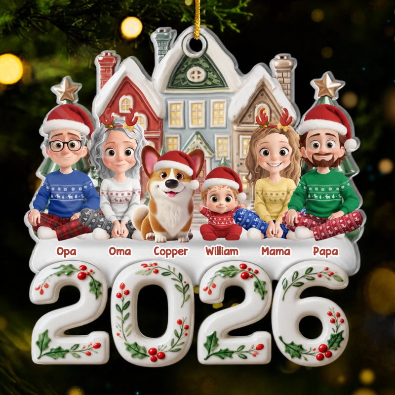 Personalisierter Acrylanhänger 2025 Christbaumschmuck mit Familie, Hund und Katze