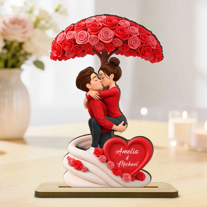 Paar und Rosen-Regenschirm Personalisierter Holzaufsteller mit Figuren und Namen